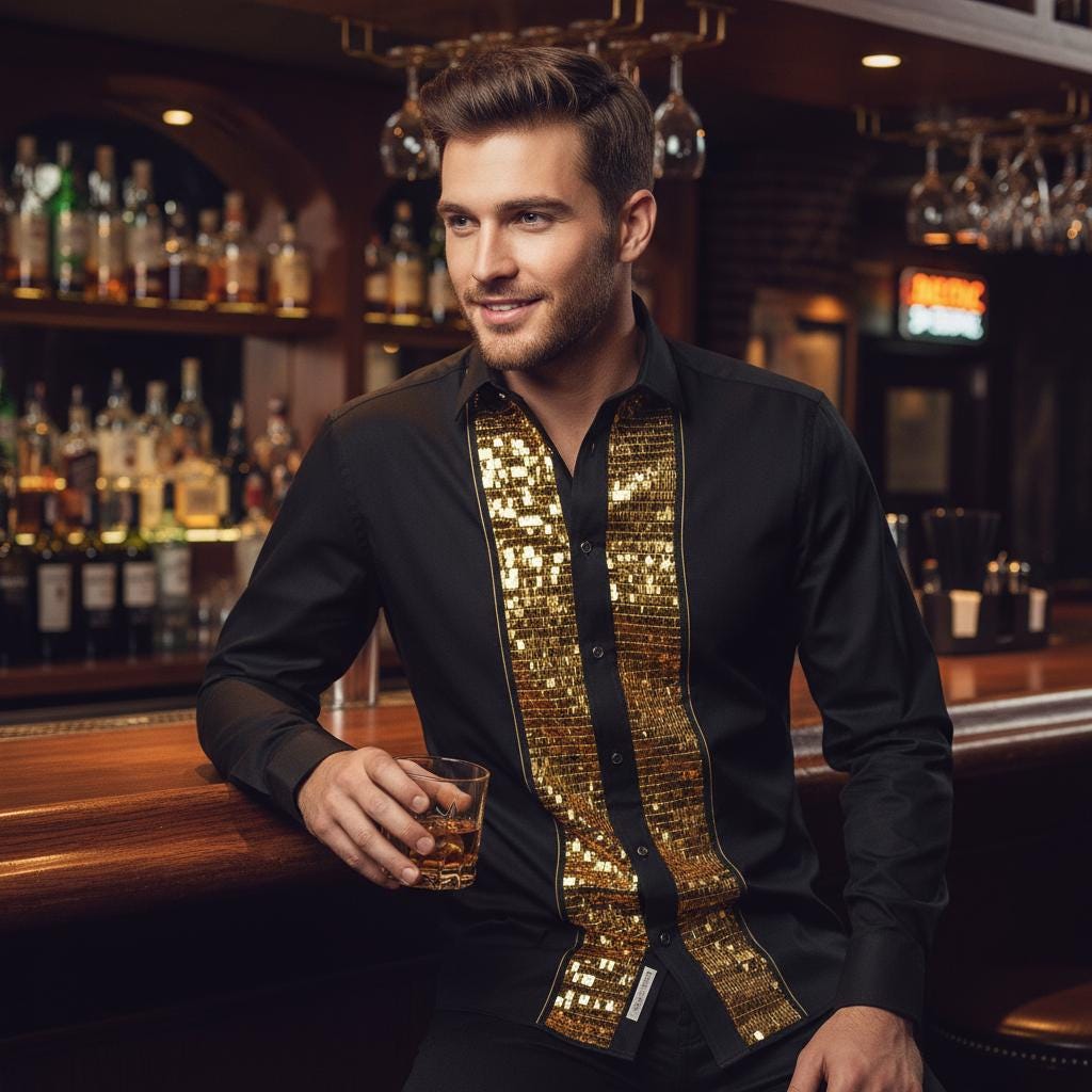 Men's Formal Shirt Men Designer Great Quality Regular Fit Sequin Party Wedding Night Ceremony Black